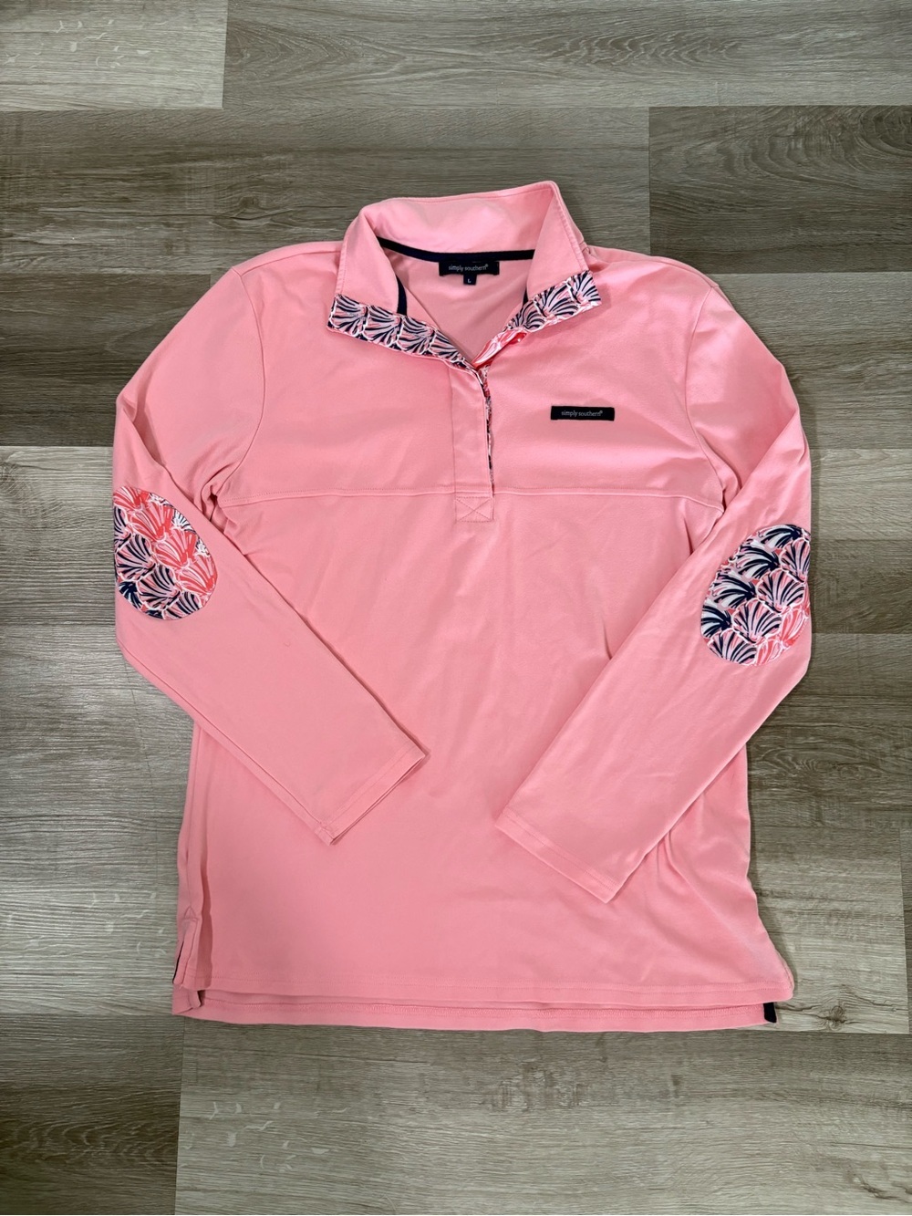 Simply Southern Women’s Pink Polo pullover long sleeve with Floral Trim